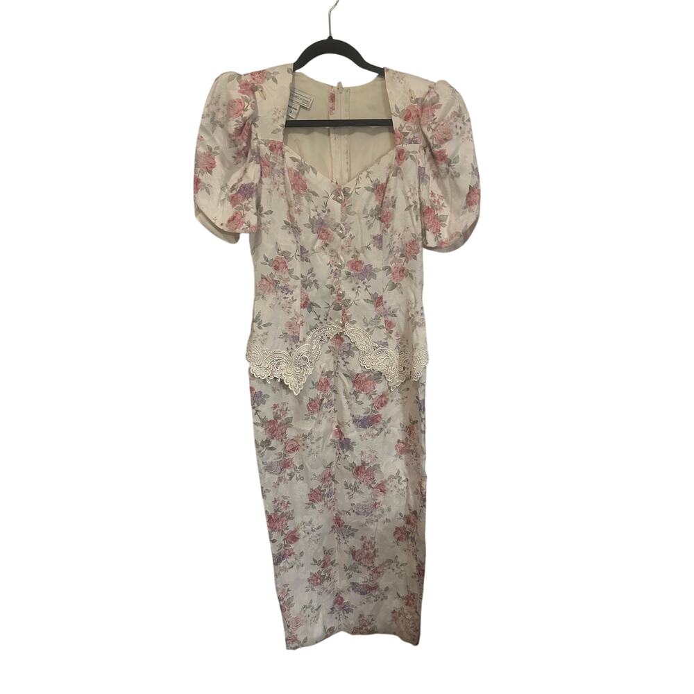 Vintage Scott McClintock Floral Maxi Dress Size 8 Pearl Buttons Lace USA